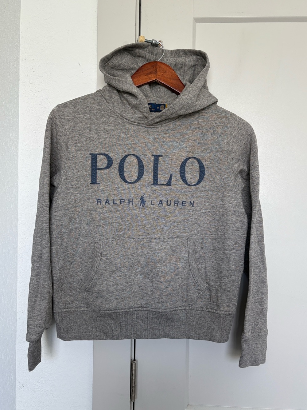 POLO RALPH LAUREN GREY BLUE SPELLOUT HOODIE KIDS MEDIUM